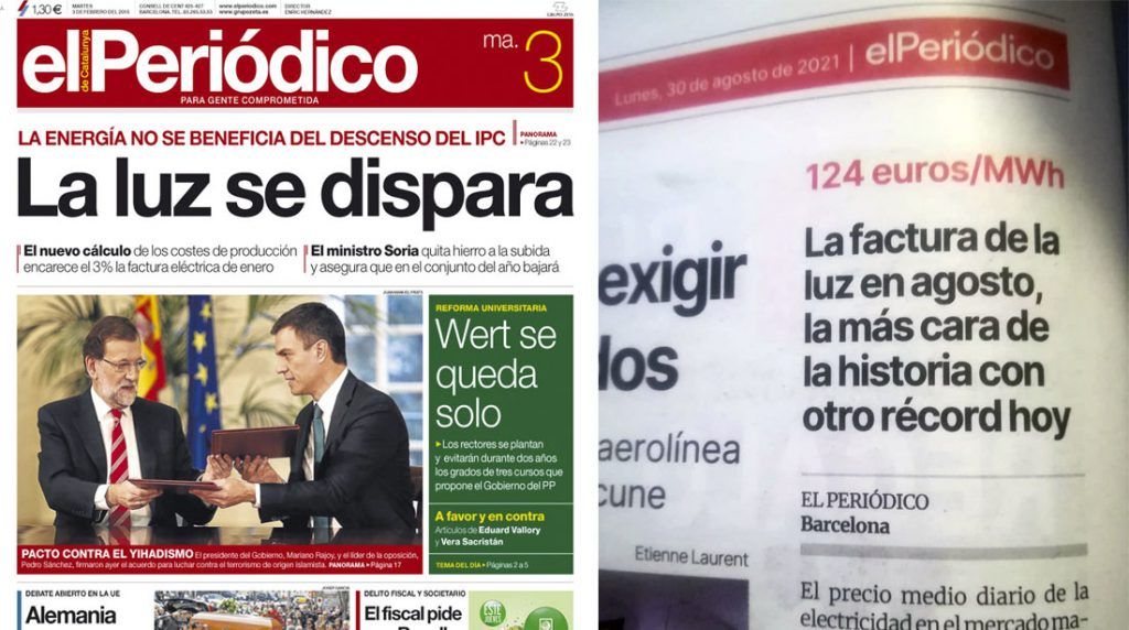 El Periódico oculta en la página 16 una subida de la luz del 47%, mientras que en 2014 se le dedicó la portada a una subida del 3%.