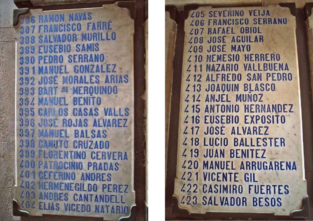Ejemplo de un par de las lápidas del Panteón de los Soldados de Ultramar de 1898 del Cementerio de Les Corts voluntarios catalanes caídos por España