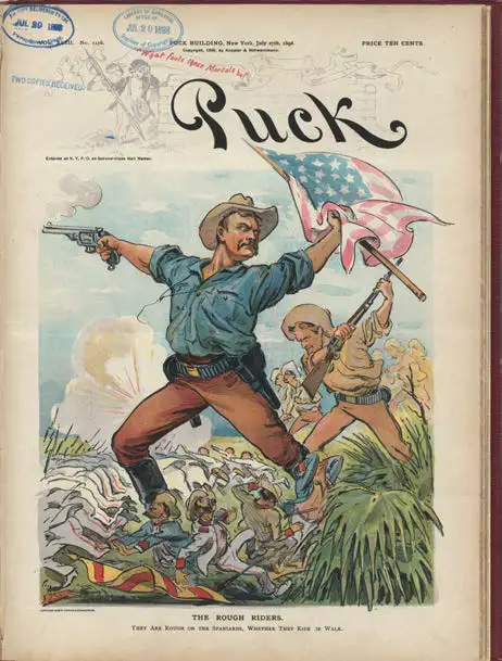 "Portada de la revista humorística Puck sobre la supremacía militar estadounidense sobre las tropas españolas en la guerra de Cuba. Abajo, representación de los soldados españoles (Biblioteca del Congreso, Washington DC, AP101.P7 1898)