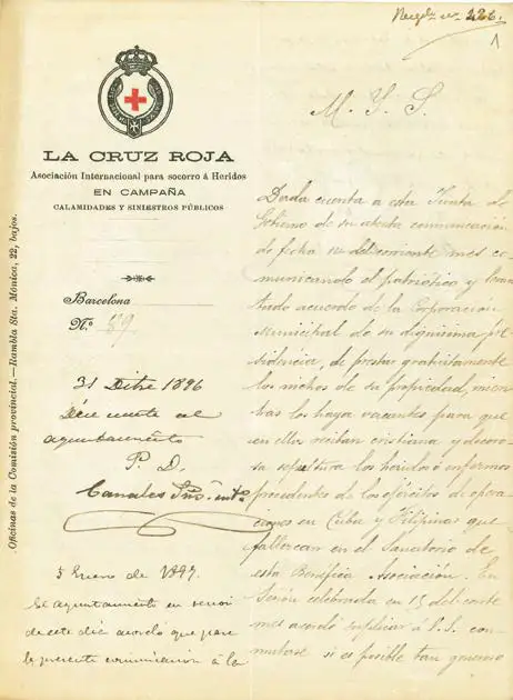 "Carta de agradecimiento de la Cruz Roja española al alcalde de las Corts por la cesión gratuita de terrenos para la sepultura de los soldados repatriados de las guerras coloniales (AMDC, Sanidad, Cementerios, 1897).