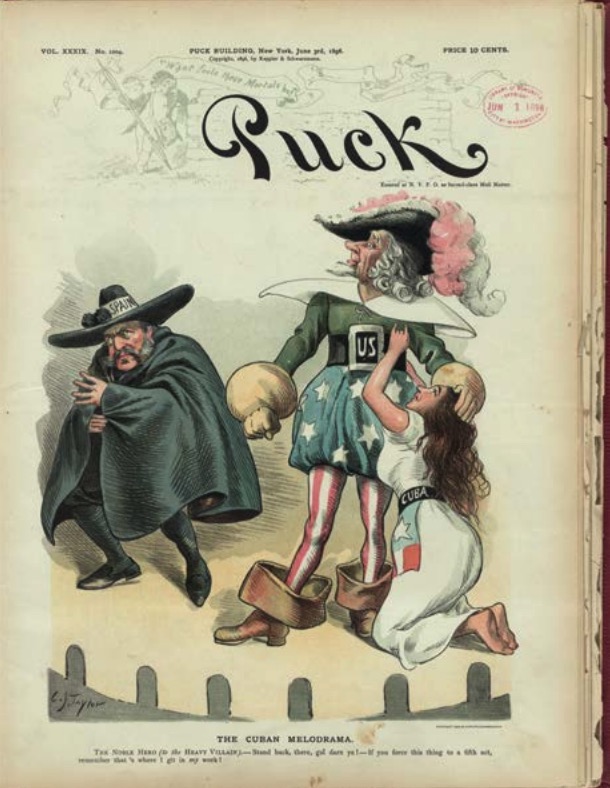 Coberta de la revista humorística Puck sobre l’inici de la guerra de Cuba, 1896 (Library of Congress, Washington DC, AP101.P7 1896)