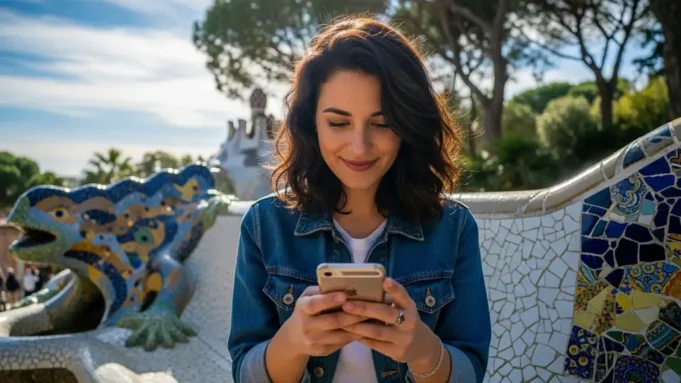 mujer-atractiva-mirando-el-movil-en-barcelona-hoy Mujer mirando el móvil en Barcelona