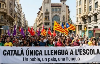 Los sindicatos de profesores exigen el veto a la lengua castellana en la enseñanza en Cataluña Pancarta a favor del veto al castellano en la educación pública catalana