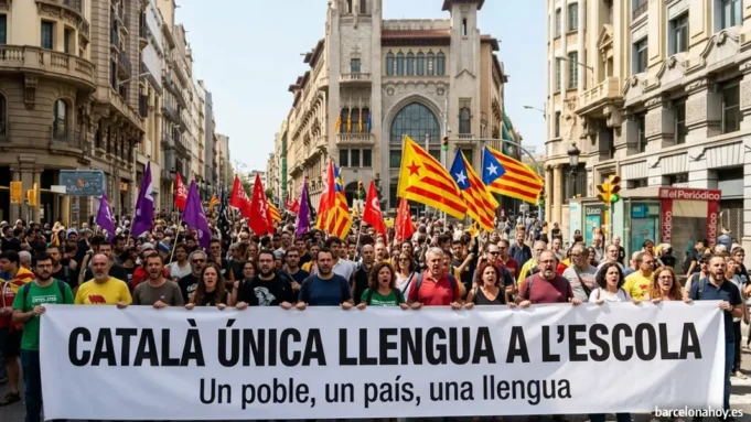lengua castellana en cataluña educacion Pancarta a favor del veto al castellano en la educación pública catalana