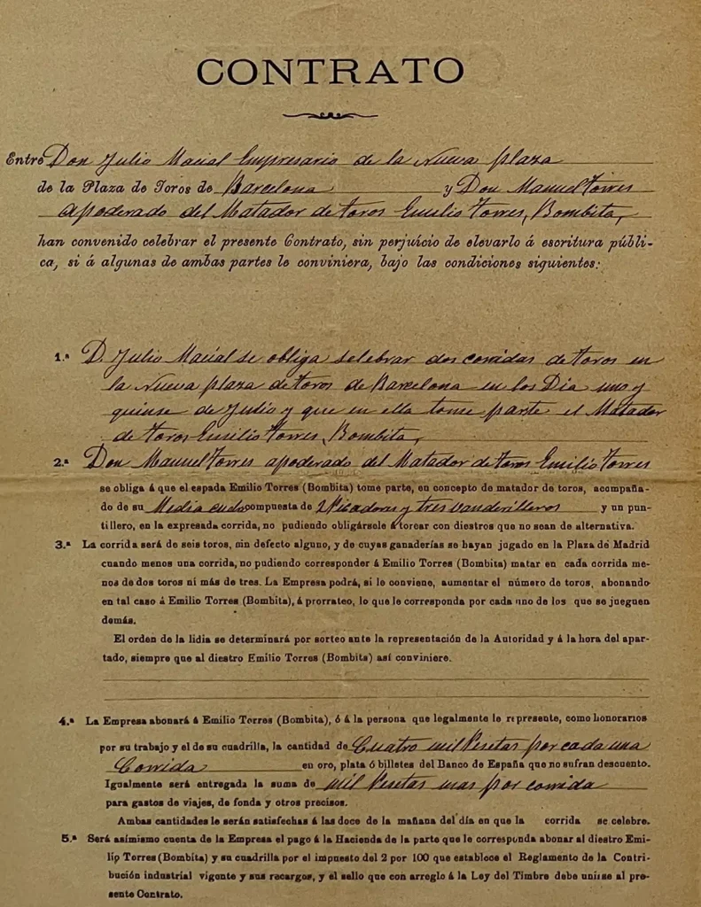 Contrato de Emilio Torres, Bombita, con la plaza de toros de Barcelona