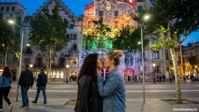dos mujeres besandose frente a la casa Batllo de barcelona Dos mujeres besándose frente a la Casa Batlló de Barcelona hoy
